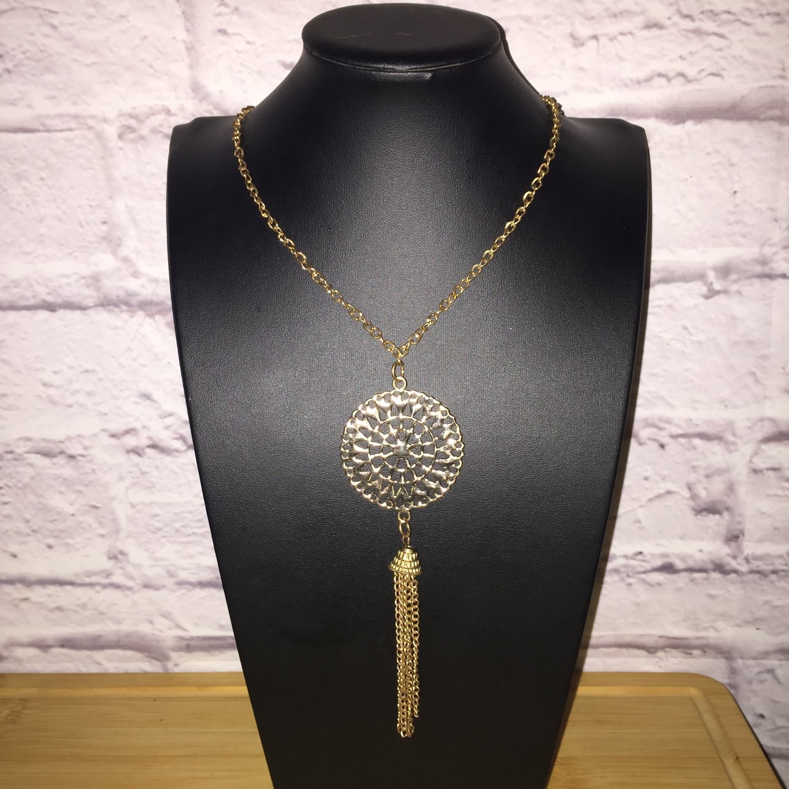 Gold Tone Filigree Tassel Pendant Necklace Long Chain Rhinestone Boho