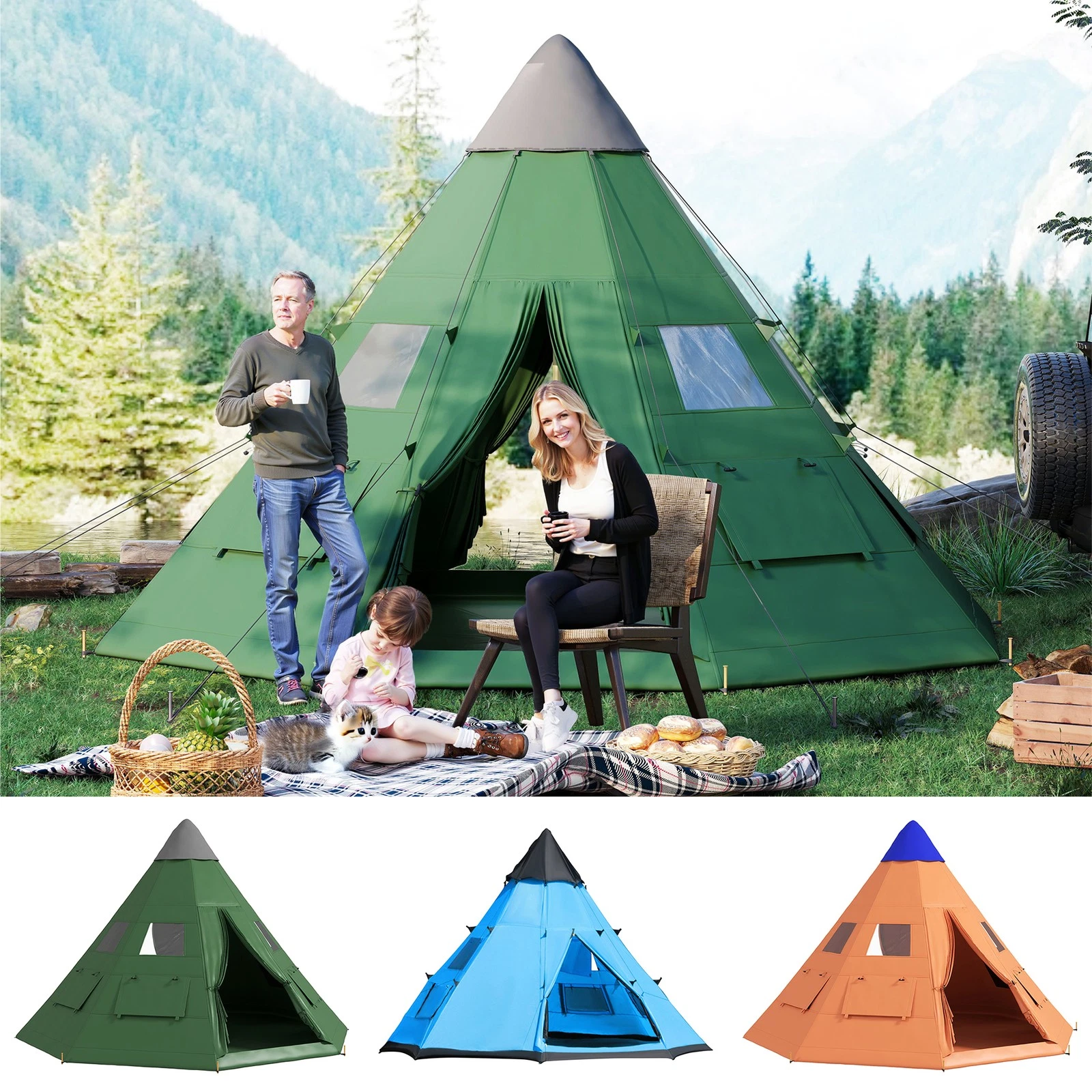 6 Man Tipi Tent, Water-Resistant Walls Mesh Windows Zipped Door