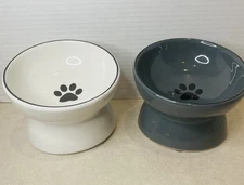 Ceramic Raised Cat Dog Dishes or Small Bowl Pet Bowls Set White Gray Elevated