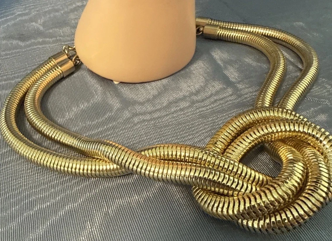Vintage HSN Bellezza Signed Necklace Double Snake Chain Knotted Design 18k GP image 2