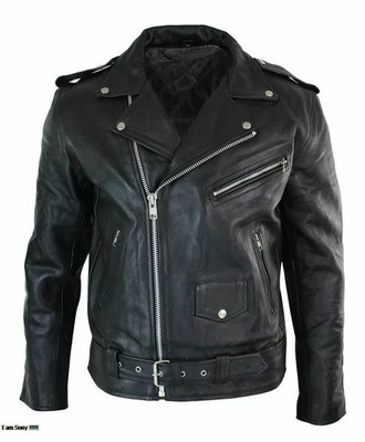 Men's Brando Style Biker Motorcycle Black Genuine Buffalo Skin Leather jacket 