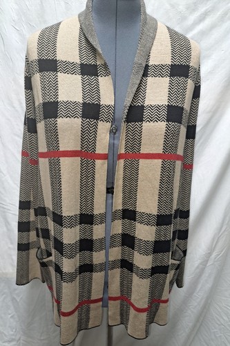Leo & Nicole Tan & Black w/ red Thick Knit Cardigan Long Pockets Women’s Size L
