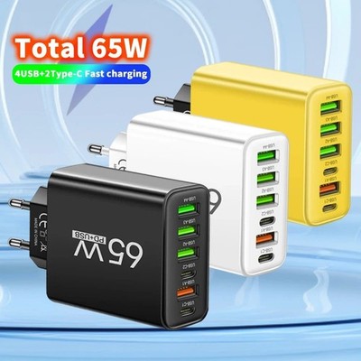 65W 6-Port Fast Wall Charger 4-USB 2-Type C PD Quick Charging Adapter Phone Hub 