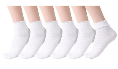 Winterlace Cotton Ruffle Frilly Socks 6 Pairs Womens Ankle One Size, White 