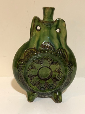Vintage Mid Century Modern Green Ceramic Hanging Wall Decor Flask Vase