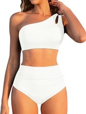 New Med Women High Waisted Bikini One Shoulder Bathing Suit Tummy Cont/Fast Ship