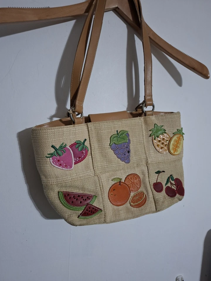 Avon Fruit Print Purse Woven Embellished Maximalist Retro Funky Art to wear - Image 2 of 4
