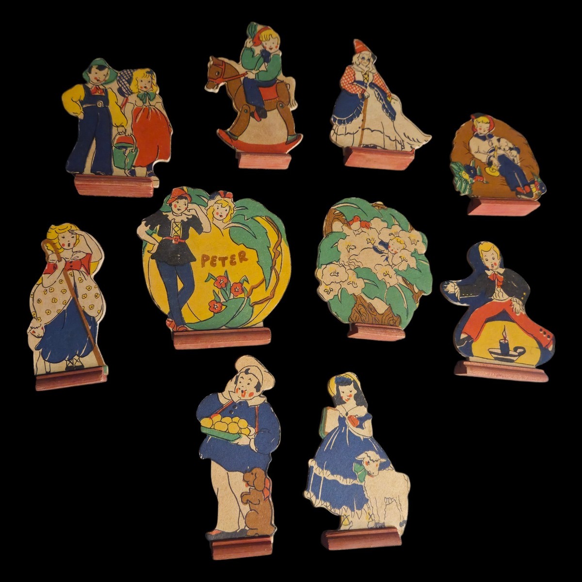 10 Vtg Mother Goose Nursery Rhymes Figures Cardboard Cutout w
