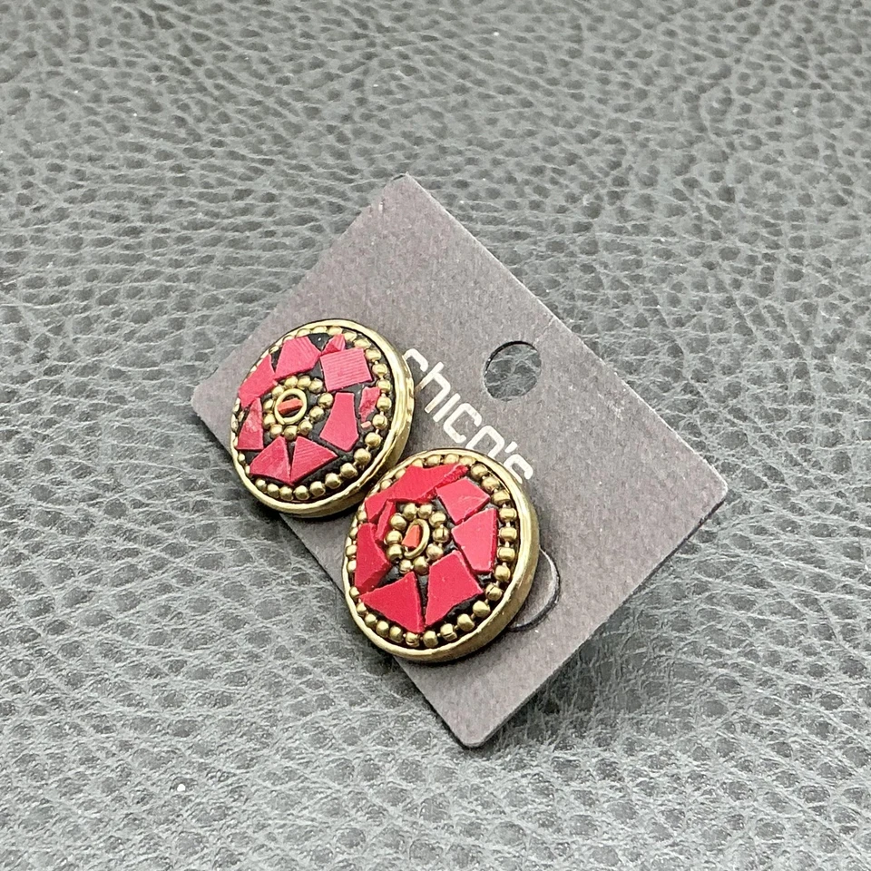 Aretes redondos de mosaico rojo Chico's tono dorado poste para mujer joyería de moda Foto 3 de 4
