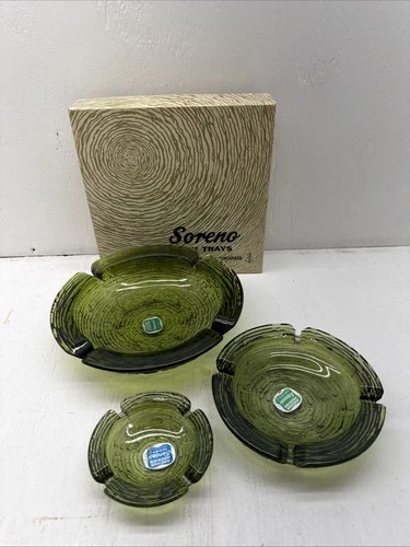 Green Glass Nesting Ashtrays Anchor Hocking Soreno Set Of 3 Ribbed Vintage w/box