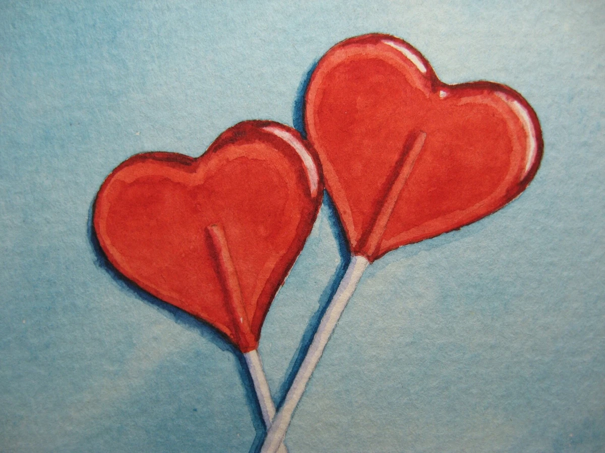 Watercolor Painting Heart Candies Love Valentine's Day Sweet Lollipop ACEO  Art