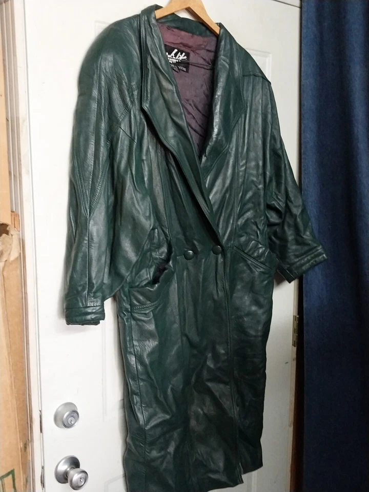 Chaqueta de cuero verde Winlit vintage 1X abrigo largo de gran tamaño años 80 90