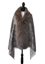 B0 NEW LA FIORENTINA Printed Grey/Brown Dyed Faux Fur Trimmed Shawl Wrap