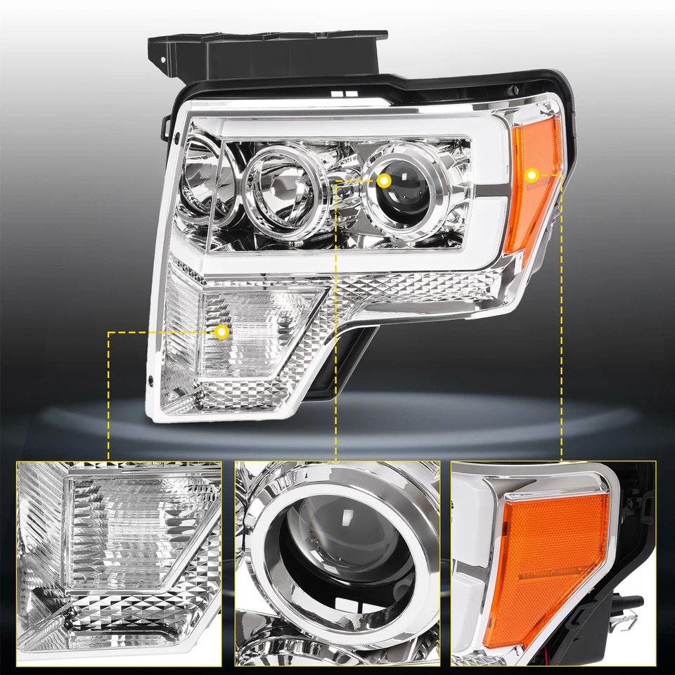 Projector Headlight Assembly Fit Ford F150 F-150 2009-2014 Chrome DRL LED Tube Foto 3 de 4
