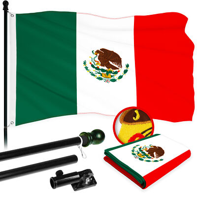 G128 Combo: 5 Ft Flagpole Black & Mexico Flag 2x3 Ft Embroidered 300D Polyester