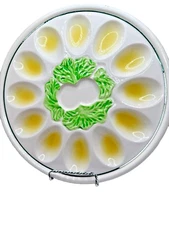 Vintage DEVILED EGG Plate  10” Round White/Green w Yellow Ceramic Platter