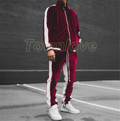Mens Velvet Tracksuit Piece Casual Pant Sweater Sweatsuit Sport