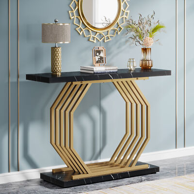 Faux Marble Wood Console Table with Geometric Metal Base, Modern Entryway Table