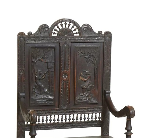 Antique Armchair, French Breton, Carved Oak, Spindled Crest, L. 19th C., 1800s - Picture 3 of 5