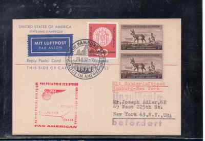 PAN AMERICAN SPECIAL FLIGHT HAMBURG - NEW YORK 1957 USA REPLY CARD RARE