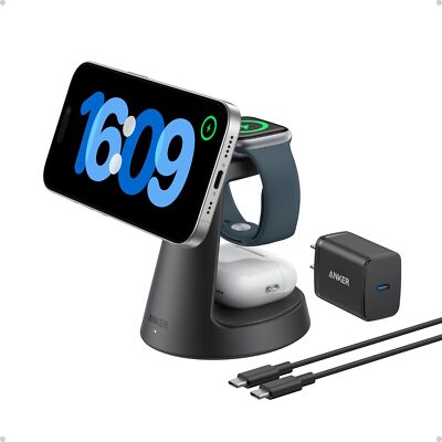 Anker MagGo 3-in-1 Charging Station 15W Qi2 Magnetic Charger MagSafe Compatible