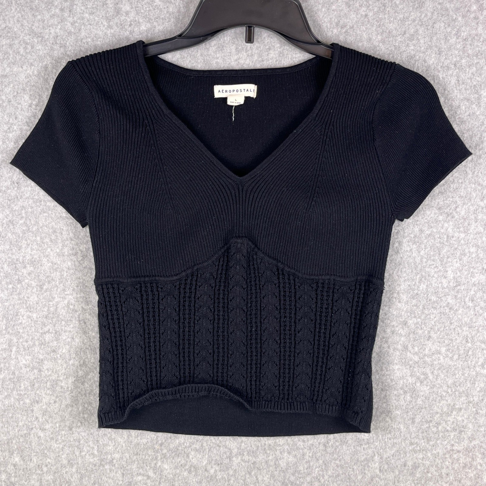 Aeropostale Sweater Women's L Black Ribbed Knit Top V-Neck Short Sleeve Fitted