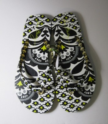 Vera Bradley Womens 7/8 Flip Flops Fanfare Medium Black White Yellow Floral NEW