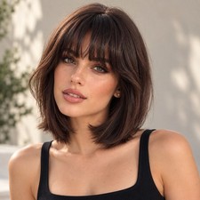 12in Human Hair Wig Women Dark Brown Short Straight Bob Wig with Full Bangs