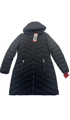 New DKNY Black Long Puffer Jacket with Hood & Pockets Women's Medium