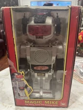 Vintage 1980's Magic Mike Smoking and Talking Robot w/ Box Silver 10.5" Untested