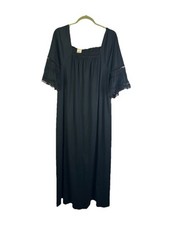 Vintage 70s Womens Medium Black Lace Bell Sleeve Kaftan Gown Dress Whimsigoth