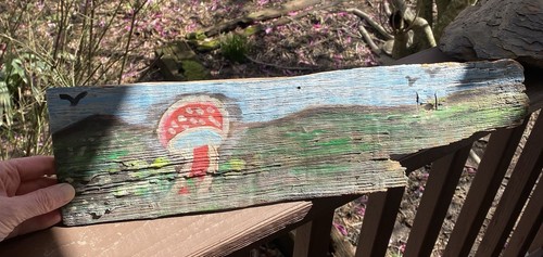 Vtg Mushroom Birds Handpainted Barn Board Wood Plaque Wall Hanging Folk Art - Picture 1 of 11