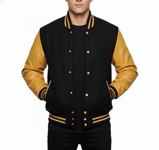 Varsity Letterman Black Wool & Cowhide Leather Sleeves Baseball Sports Jacket