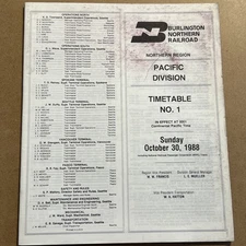 Burlington Northern Railroad Timetable #1 Northern Region Pacific Division 1988