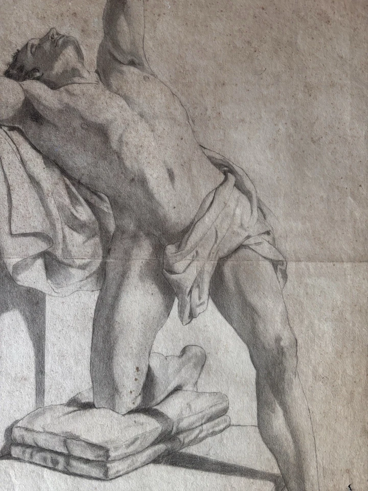 Dessin Ancien Au Crayon Homme Nu Regardant En L’air Ses Mains En Prière - Photo 4/4