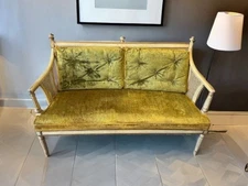 Vintage Louis XVI Hollywood Regency Settee Gold Green Velvet Cane Sofa READ
