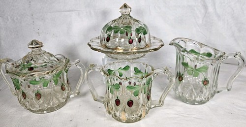 Vtg. Heisey Heavy Glass Creamer Sugar Butter Dish Handpainted Strawberries Set - Picture 2 of 16