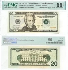 2017-A $20 Federal Reserve Note Mismatched Suffix Error PMG Gem CU-66 EPQ