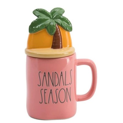 NWT: Rae Dunn - Sandals Season Tropical, Pink, Ceramic, Lidded Mug (16 oz)