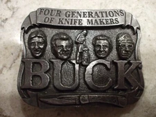 BUCK  KNIVES 110 PEWTER 4 GENERATIONS OF FAMILY, HOOK FAST BELT BUCKLE #590586