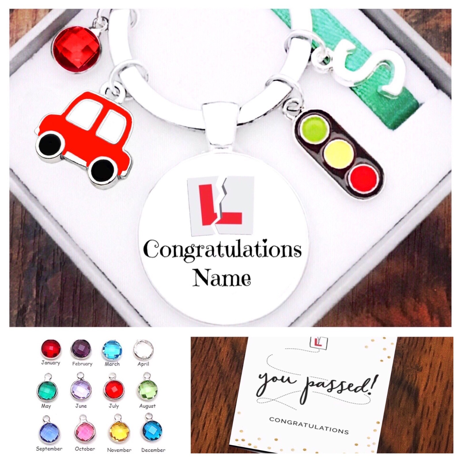 DRIVING TEST GIFT, PERSONALISED, KEYRING, RED, CABOCHON, BIRTHSTONE, INITIAL