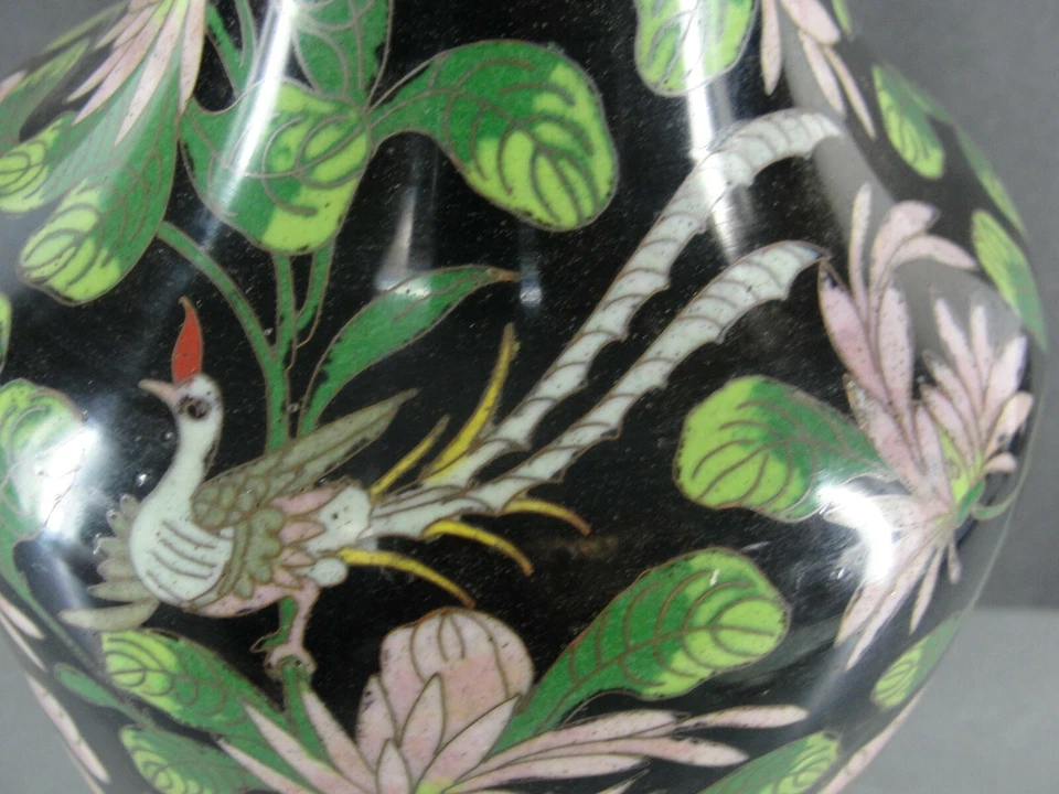 ANTIGUO JARRÓN CHINO CLOISONNE COBRE VIDRIO ESMALTADO NEGRO ROSA VERDE 10,5" DE ALTO Foto 4 de 4