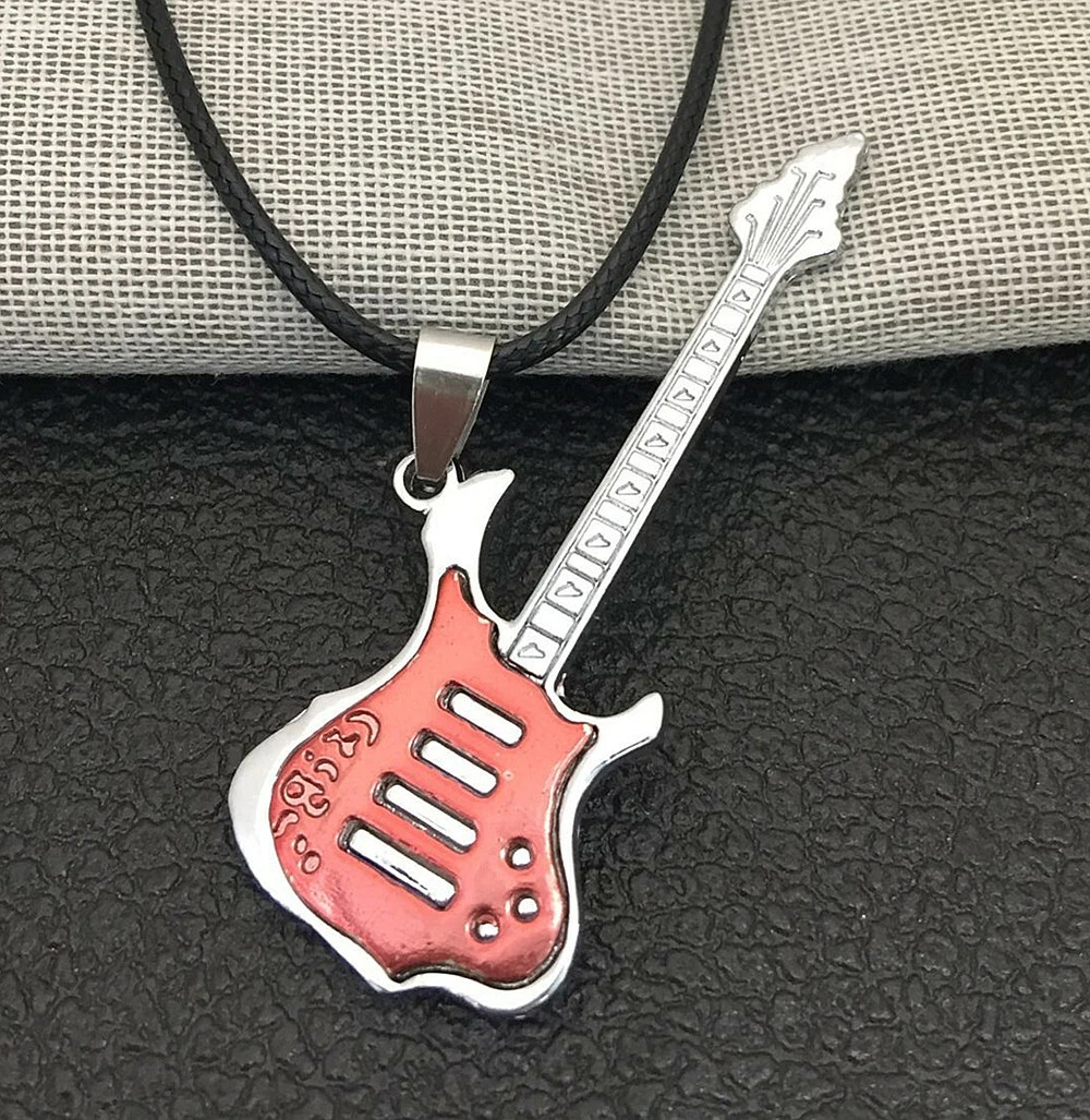 Men s Red Silver Stainless Steel Rock Music Guitar Pendant