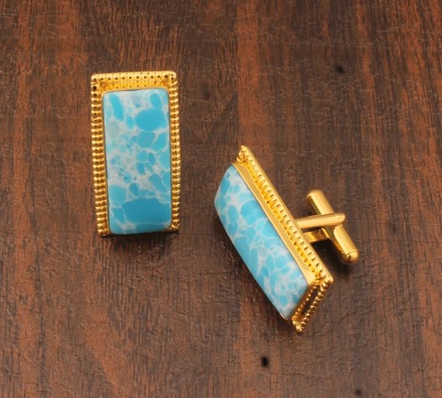 Natural larimar Gemstone Gold Plated 925 Sterling Silver Cufflinks For Men's - Afbeelding 1 van 7