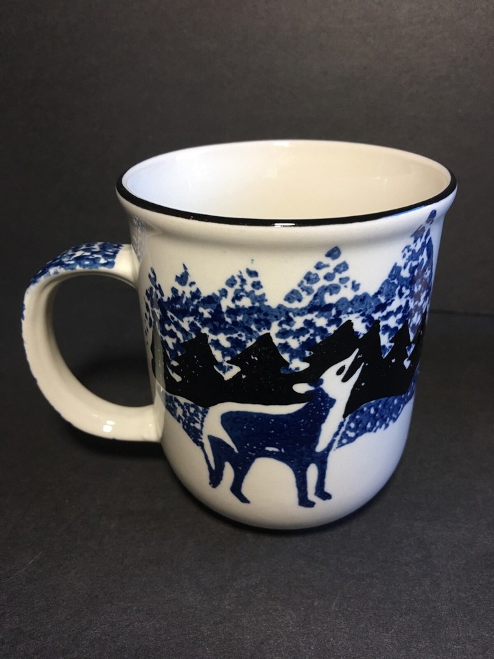 Tienshan Folk Craft Wolf Coffee Mugs Tea Cups 2 Count Lodge Cabin Blue