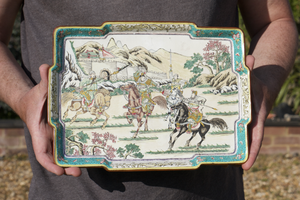 Antique Chinese 19thCentury Qing Dynasty Canton Enamel on Copper Tray Warriors A