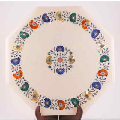 18'' white Marble Table Top Inlay art Pietra dura lapis inlay work Home Decor ui