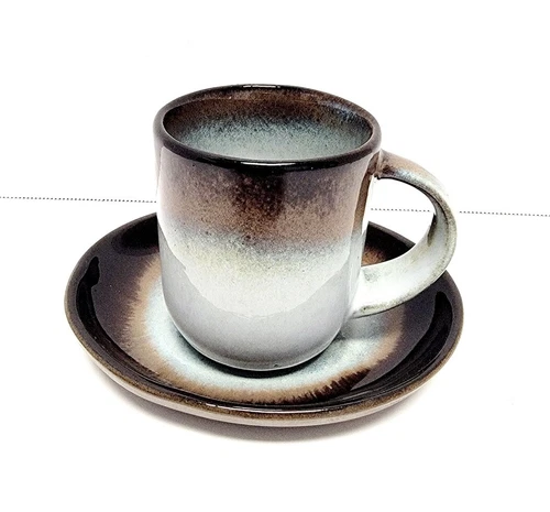 Vintage Peter Pots Pottery Stoneware Mug & Saucer Set/Brown/Blue/Artist Signed