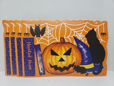 4 Vtg Totally Ghoul Kmart Table Vinyl Placemats Pumpkin, Cat, Rat, Bat & Spider