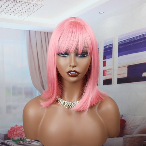 Wig with Straight Bangs Full Wig Ladies Shoulder-Length Pink - Picture 2 of 9